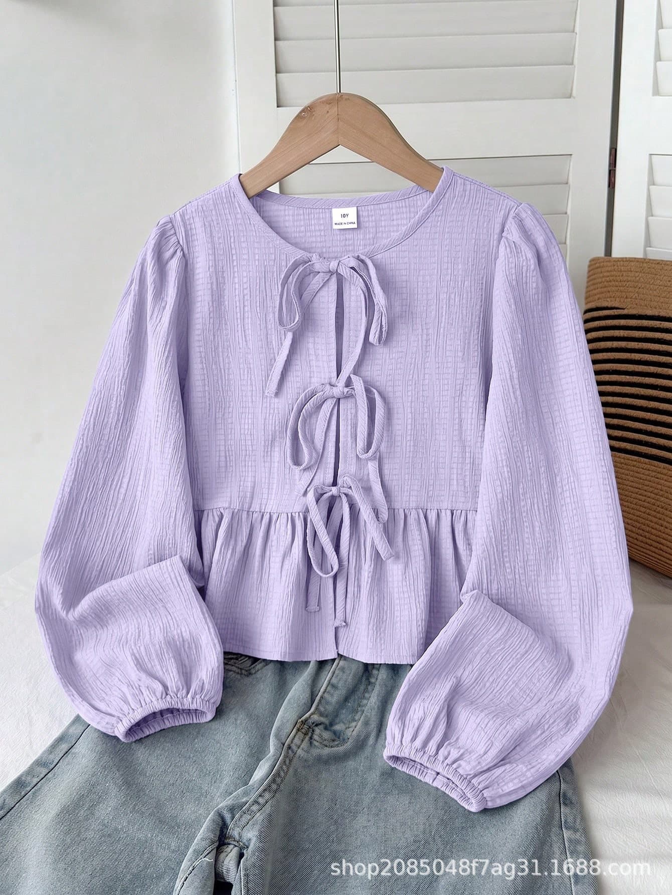 Cross-border European and American Women's New Trendy Fashion Sweet Casual Tie-Neck Puff Long-Sleeve Shirt
