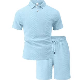 Cross-border Men's Summer New European and American Jacquard Casual Sports Thin Lapel Polo Shirt Short Sleeve Set