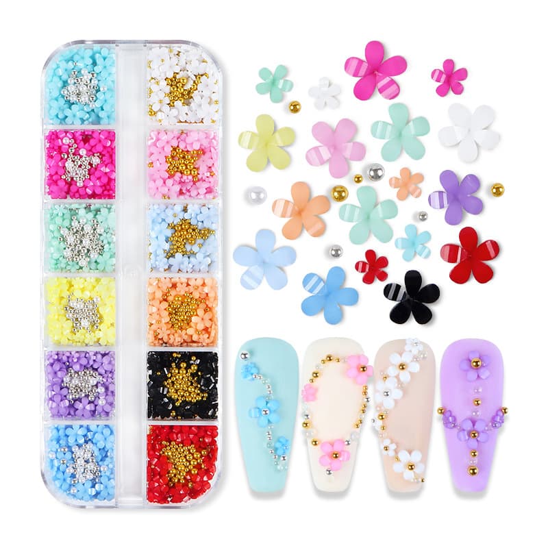 Large Box Five-Petal Flower Nail Art Charms, 12-Compartment Box Mixed Sizes Resin Flower Ornament Set with Gold and Silver Beads