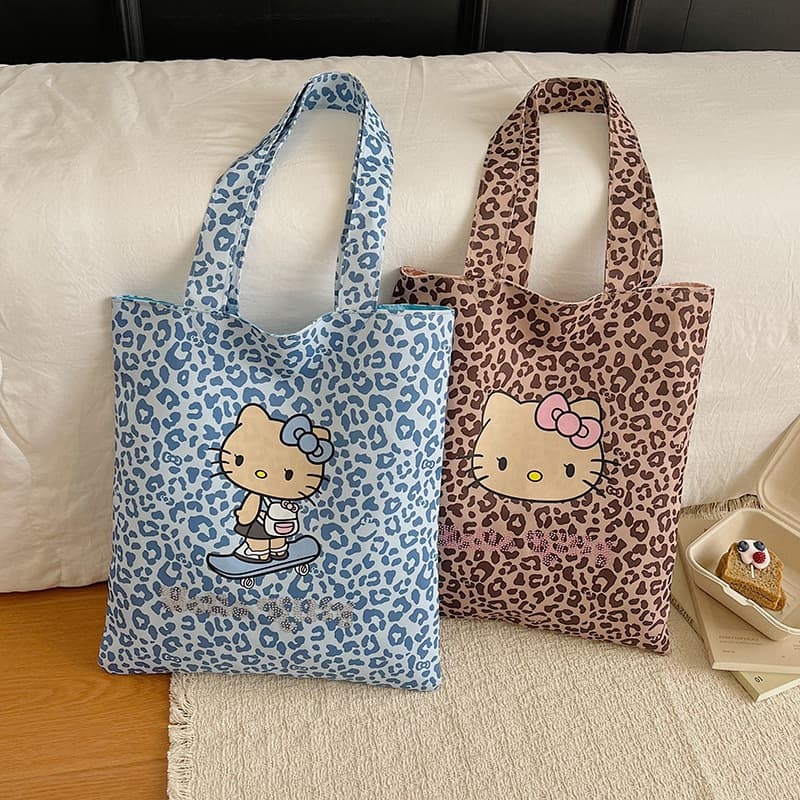 New Black Leather Kitty Leopard Print Tote Shoulder Canvas Bag Cute Hot Girl Large Capacity Travel Shopping Bag