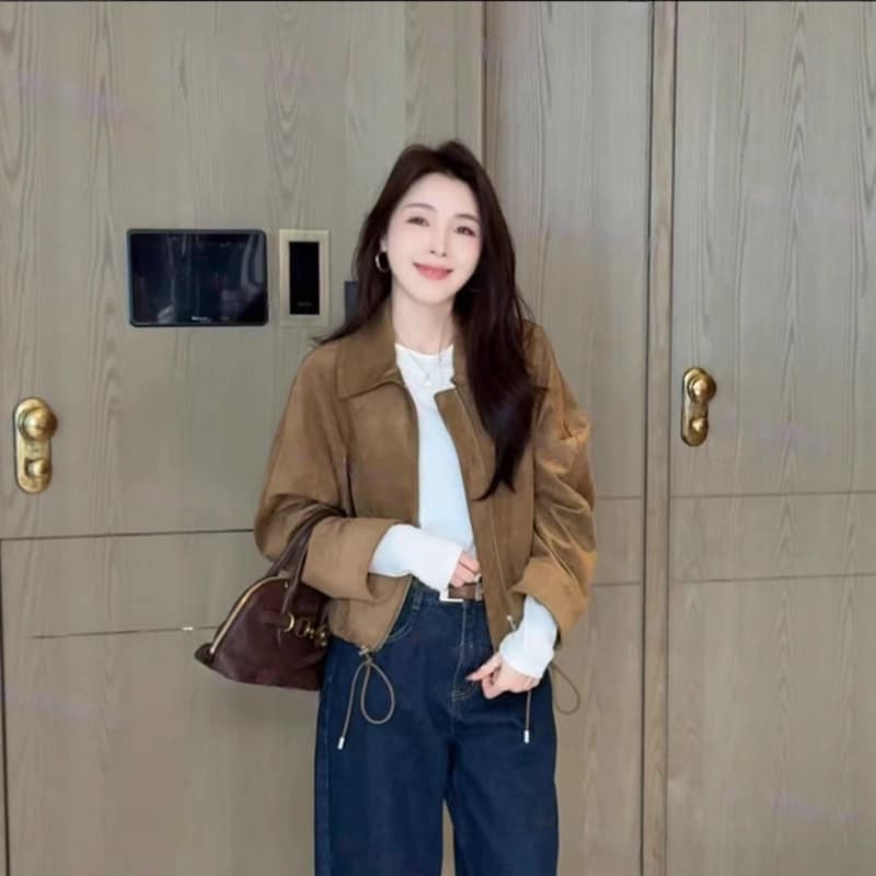 European Suede Solid Color Lapel Short Jacket for Women, Early Autumn New Arrival, High-End Fashion Retro Drawstring Waist Top