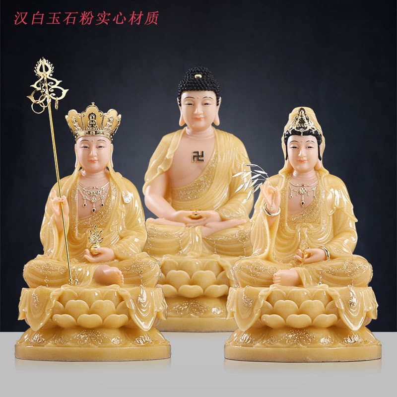 Manufacturer Direct Supply Shakyamuni Buddha Statue - Guanyin and Ksitigarbha Bodhisattva Seated/Standing Ornaments, Full Set of Three Saints of Saha World White Marble