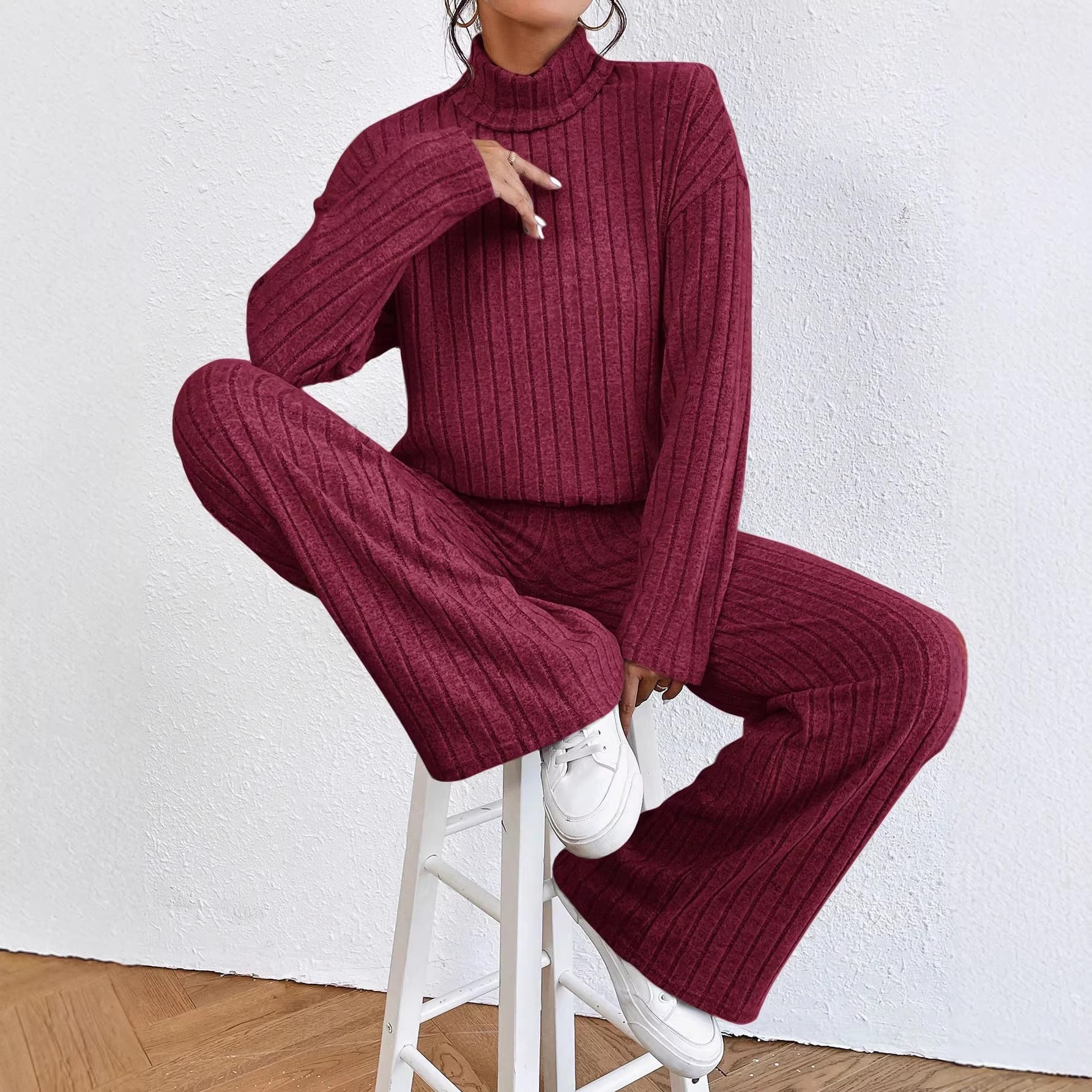 European and American Fall/Winter Cross-Border New Fashion Women's High-Neck Simple Casual Long-Sleeve Sweatshirt and Straight-Leg Pants Set