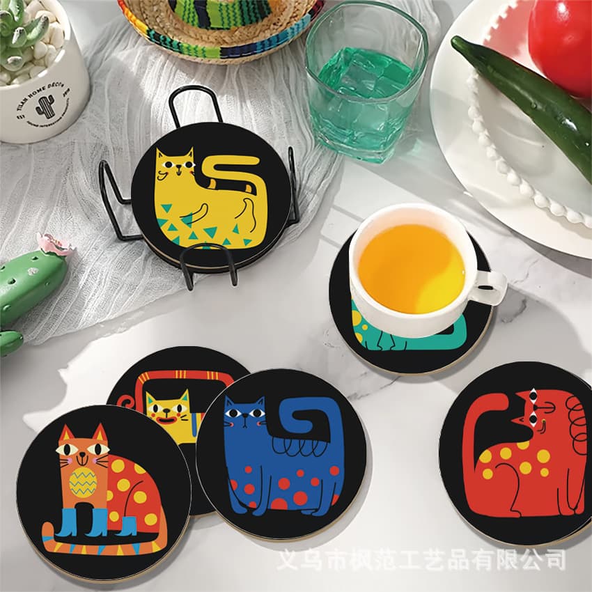 Cross-border 6-Piece Set Cute Colorful Cat Absorbent Ceramic Coaster with Stand, Mug Ceramic Heat Insulation Tea Coaster