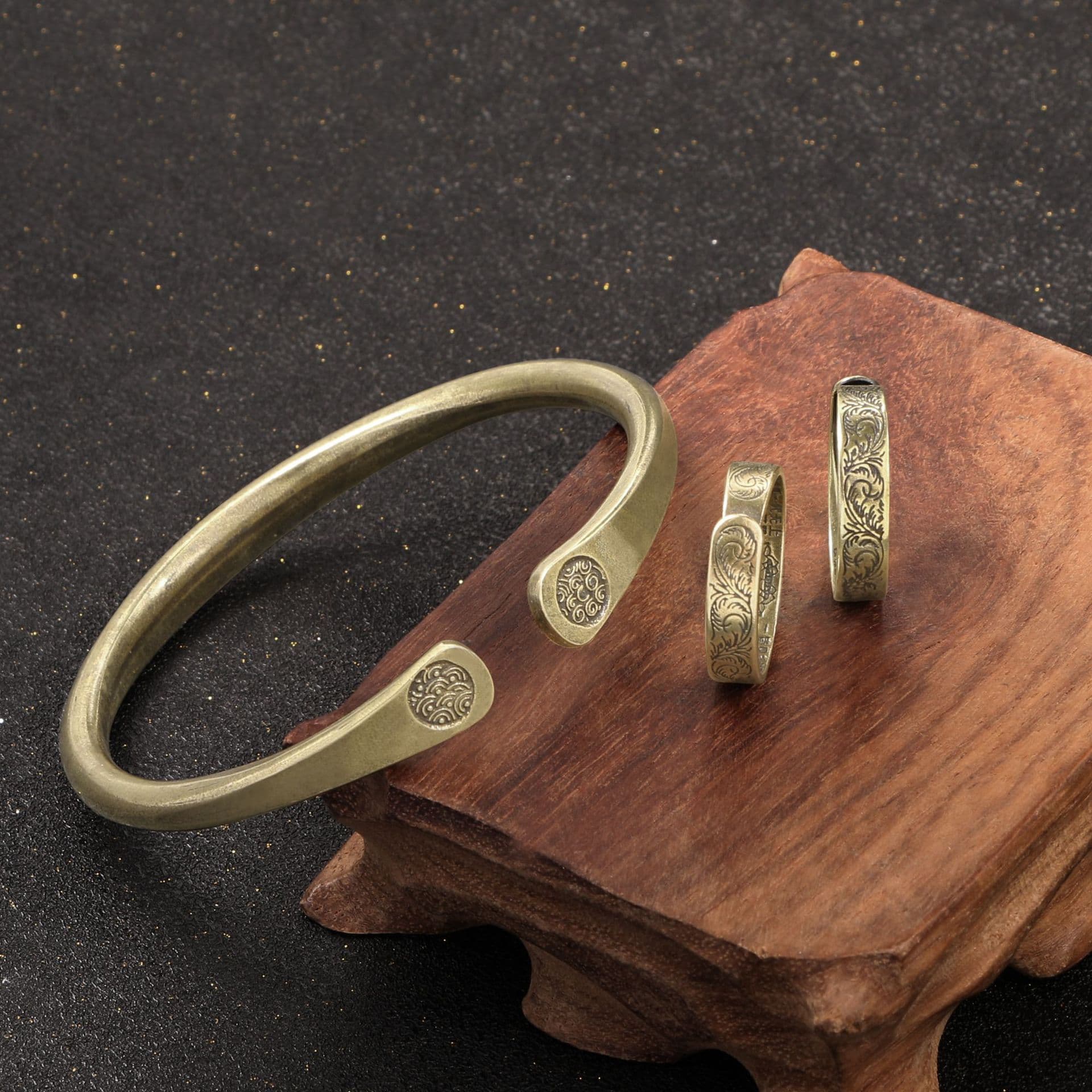 Vintage Chinese Antique Peace and Joy Open Cuff Bracelet and Ring Set Brass Bangle Band Couple Rings Ancient Costume Props