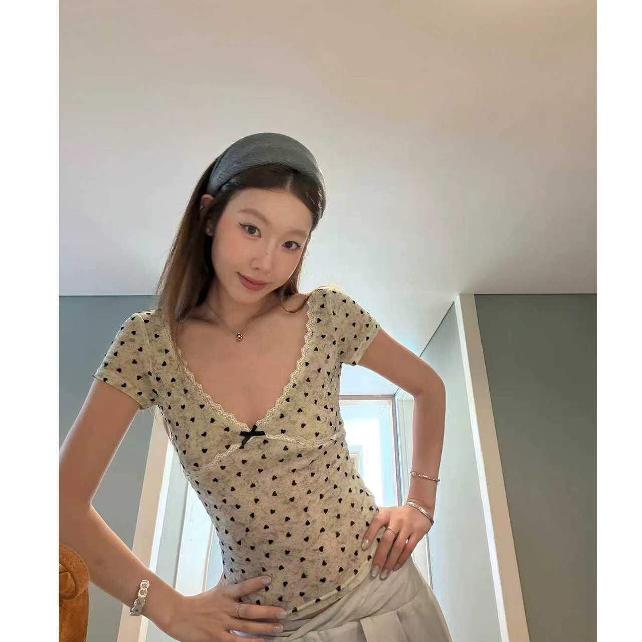 Korean Polka Dot Versatile V-Neck T-Shirt Summer Simple Pure Style Tie-Dye Printed Flocking Lace Short Sleeve Women