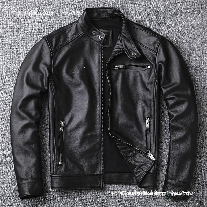 Men's Short Lambskin Leather Jacket, Stand Collar, Stylish Motorcycle Biker Coat, New Black