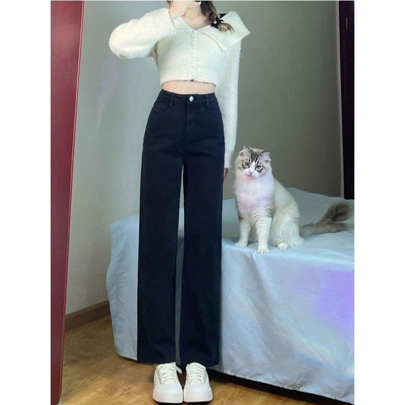 Versatile women's new style petite 2026 spring Korean style black straight jeans loose slimming wide leg pants