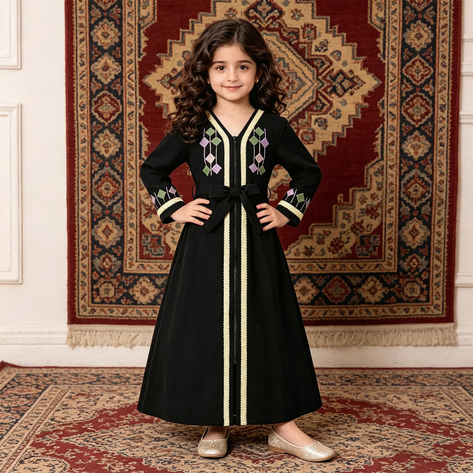 Foreign trade girls' robe dress medium long sleeves geometric embroidery lace-up long skirt children's festival performance princess dress