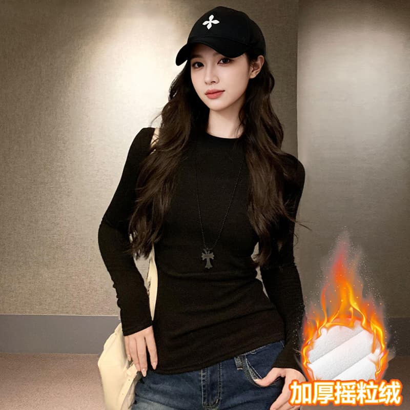 Women's Fleece Base Layer Top 2025 New Autumn Winter Thickened Warm Brushed Round Neck Waist-Cinching Base Shirt