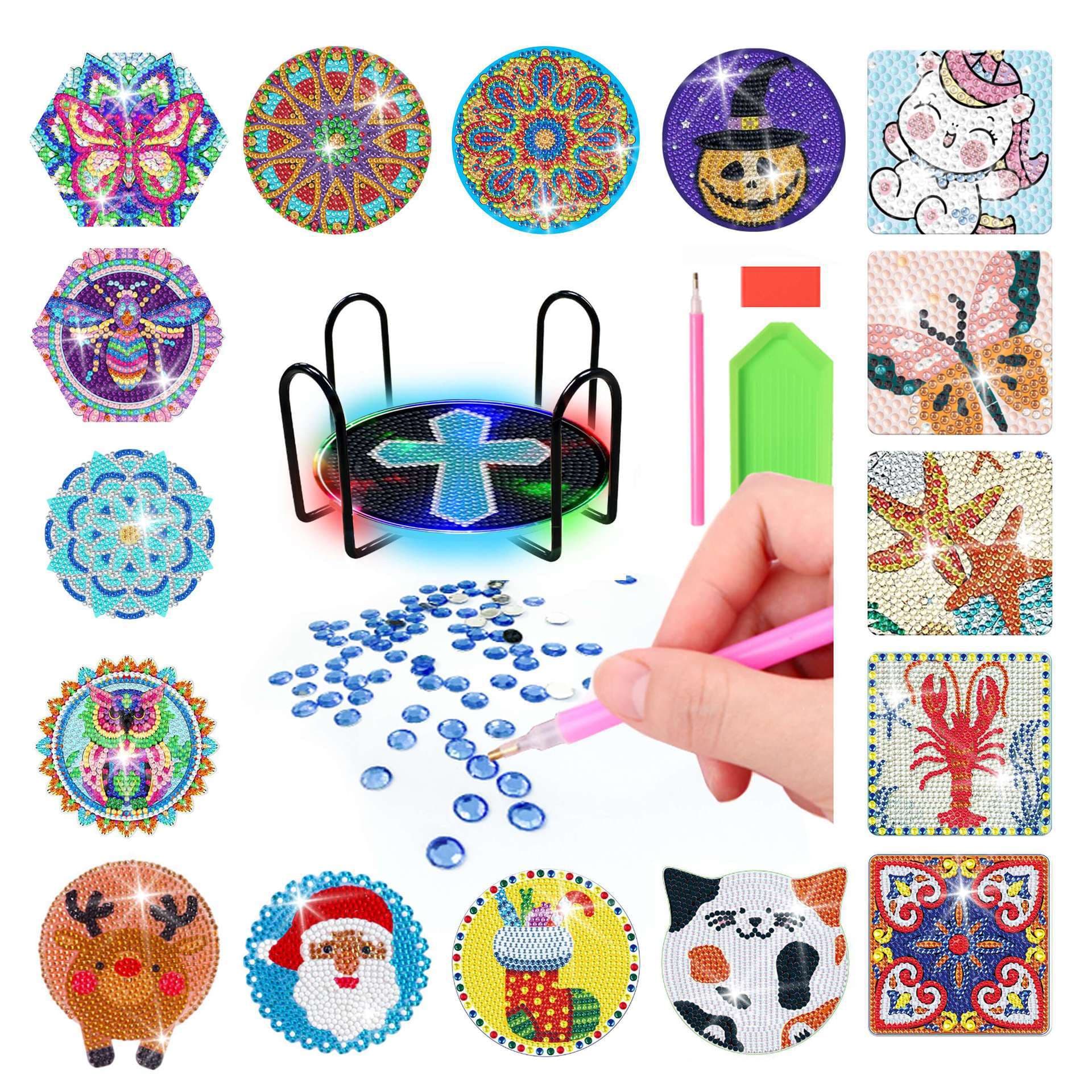 Diamond Painting Coaster Mandala Christmas Placemat DIY Round Rhinestone Embroidery with Stand Box Wholesale Diamond Painting