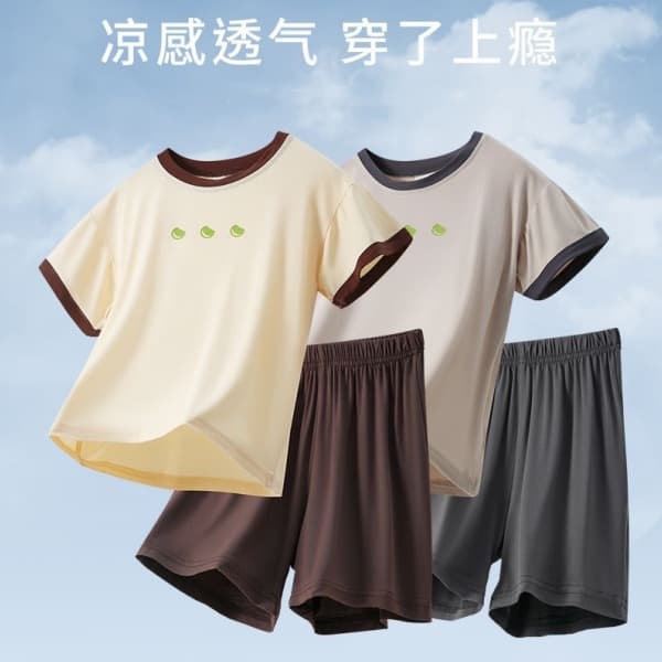 Boys' Cotton-Like Ice Silk Short Sleeve Shorts Set Casual Home Clothes Summer Comfortable Underwear for Middle And Large Children