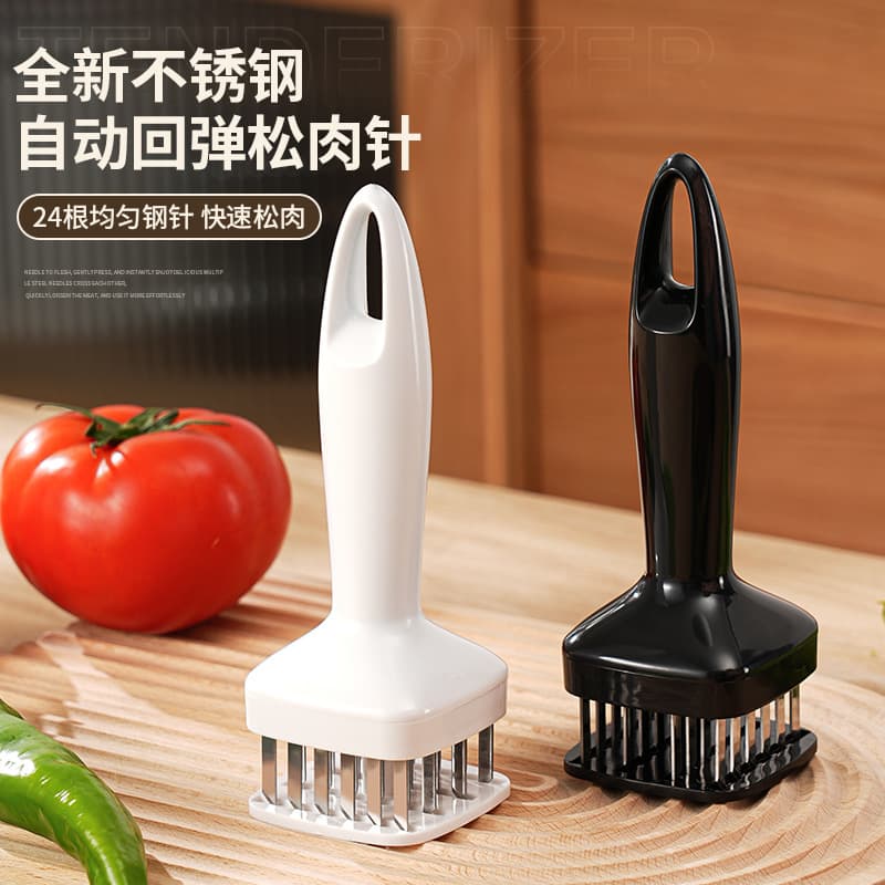 Stainless Steel Automatic Spring-back Meat Tenderizer with 24 Needles, Press-Type Steak Tenderizer and Tendon Breaker Kitchen Tool