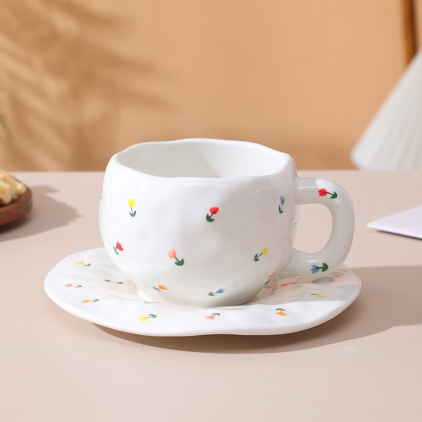 INS Hand-Painted Floral Irregular Handmade Ceramic Mug Set with Saucer for Home Use, Multiple Coffee Cup and Saucer Sets, In Stock Wholesale