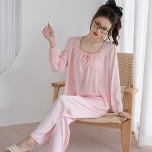 Cross-border Ice Silk Pajamas for Women Spring Autumn Long Sleeve High-End Light Luxury Solid Color Plus Size Homewear Can Be Worn Out