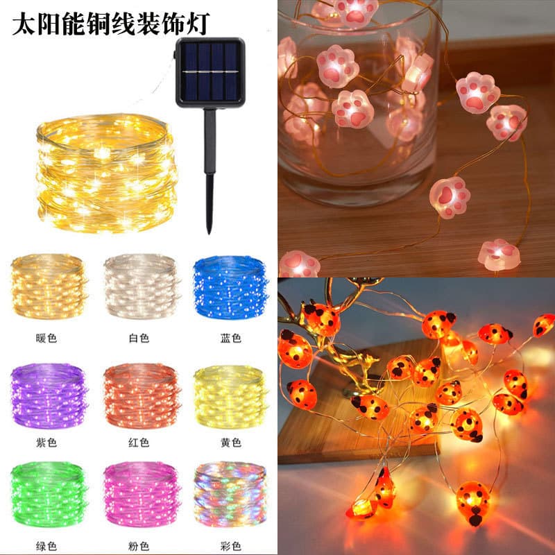 Solar Copper Wire LED Fairy String Lights Outdoor Waterproof Garden Decorative Lights Bee Ocean Cherry Blossom Lights Wholesale