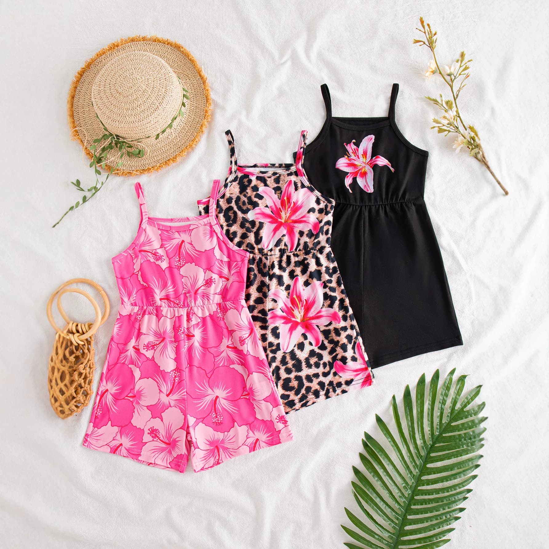 3-Piece Girls Summer New Style Camisole Floral Print Versatile Fashion Vacation Bodysuit Shorts Set