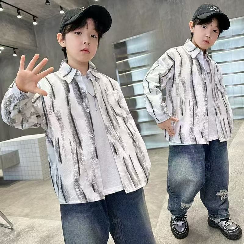 Boys Spring and Autumn Shirt 2026 New Style for Older Children, Trendy and Handsome Long-Sleeve Shirt