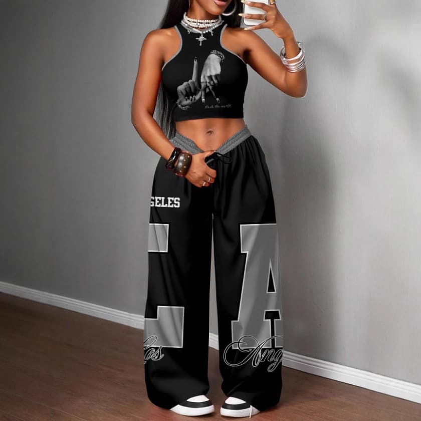 European and American Cross-Border Fashion Summer Slim Fit Vest Printed Fitness Cycling Sports Drawstring High-Waist Long Pants Set Wholesale