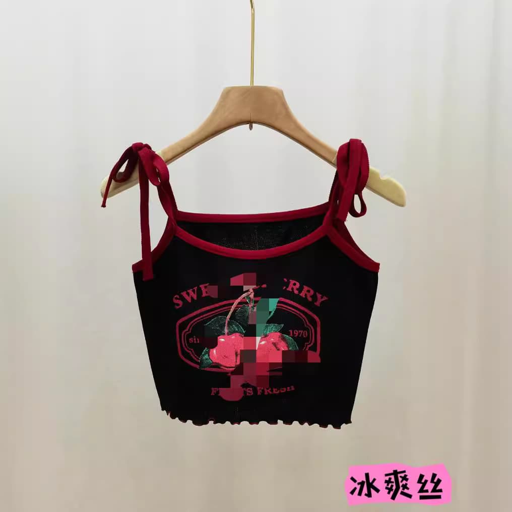 Cherry Print Spaghetti Strap Tank Top for Women Spring Summer 2024 New Sweet and Cute Short Top for Layering or Wearing Alone