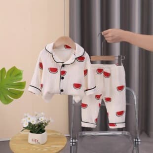 Spring/Autumn Cartoon Double-Layer Cotton Gauze Children's Pajamas Long Sleeve Button-Front Kids Homewear Children's Homewear Set