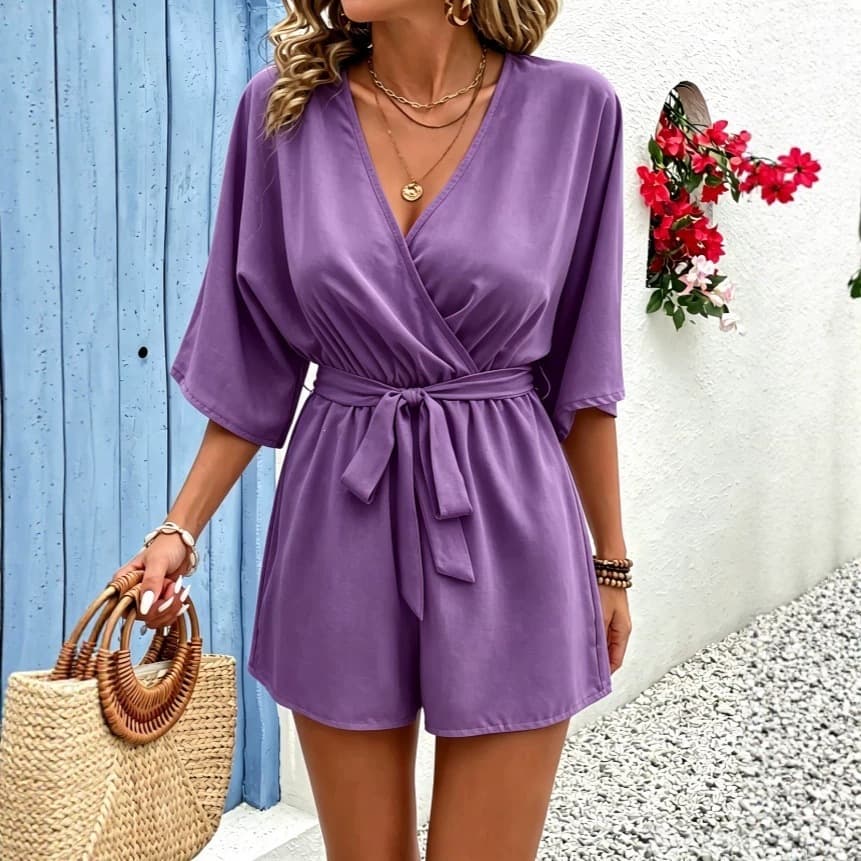 2026 European and American Independent Website Cross-Border Women's Clothing Summer New Elegant and Fashionable V-Neck Solid Color Linen Jumpsuit