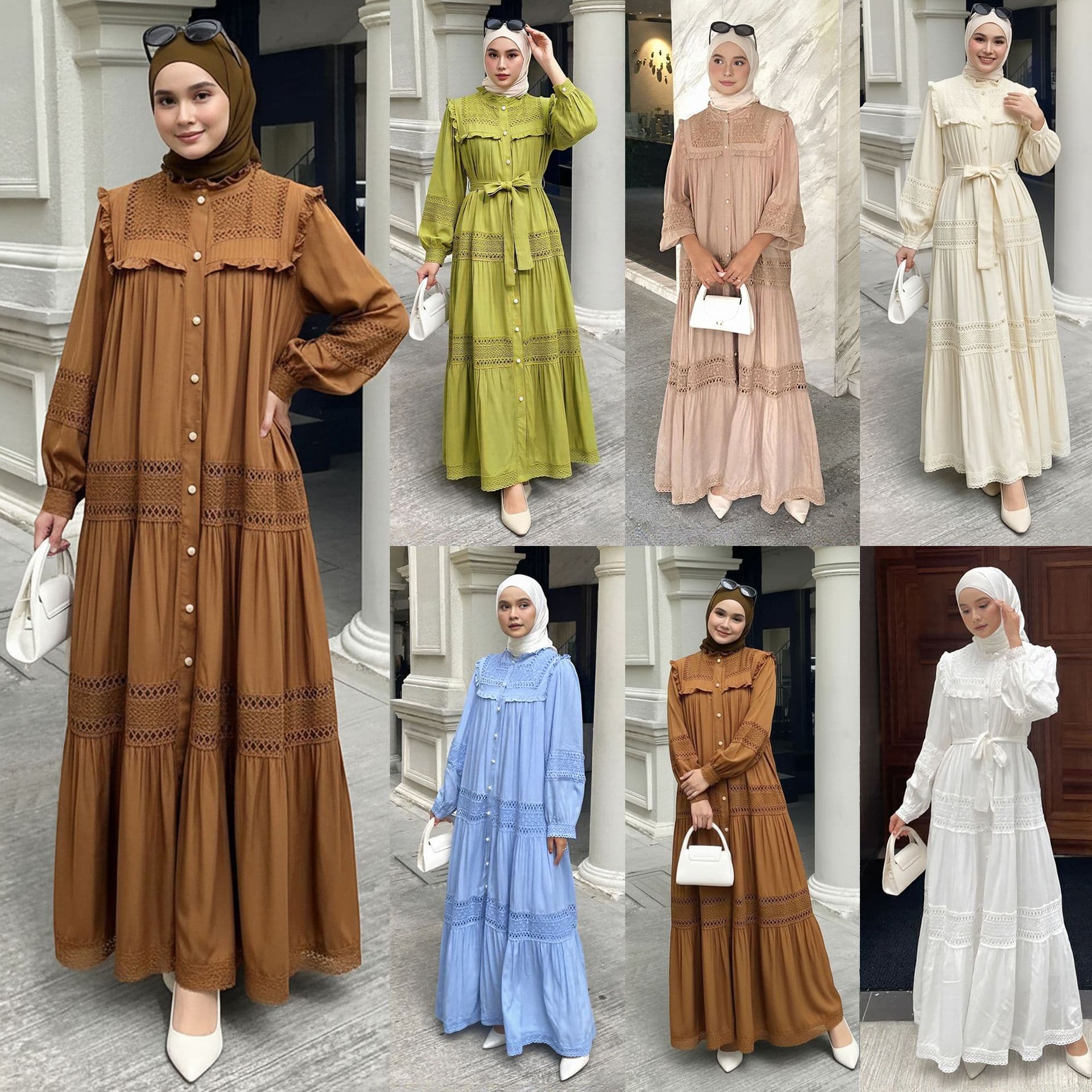 3305# 7-Color Stock Women's Lantern Sleeve Maxi Dress with Lace Trim Ruffle Stand Collar