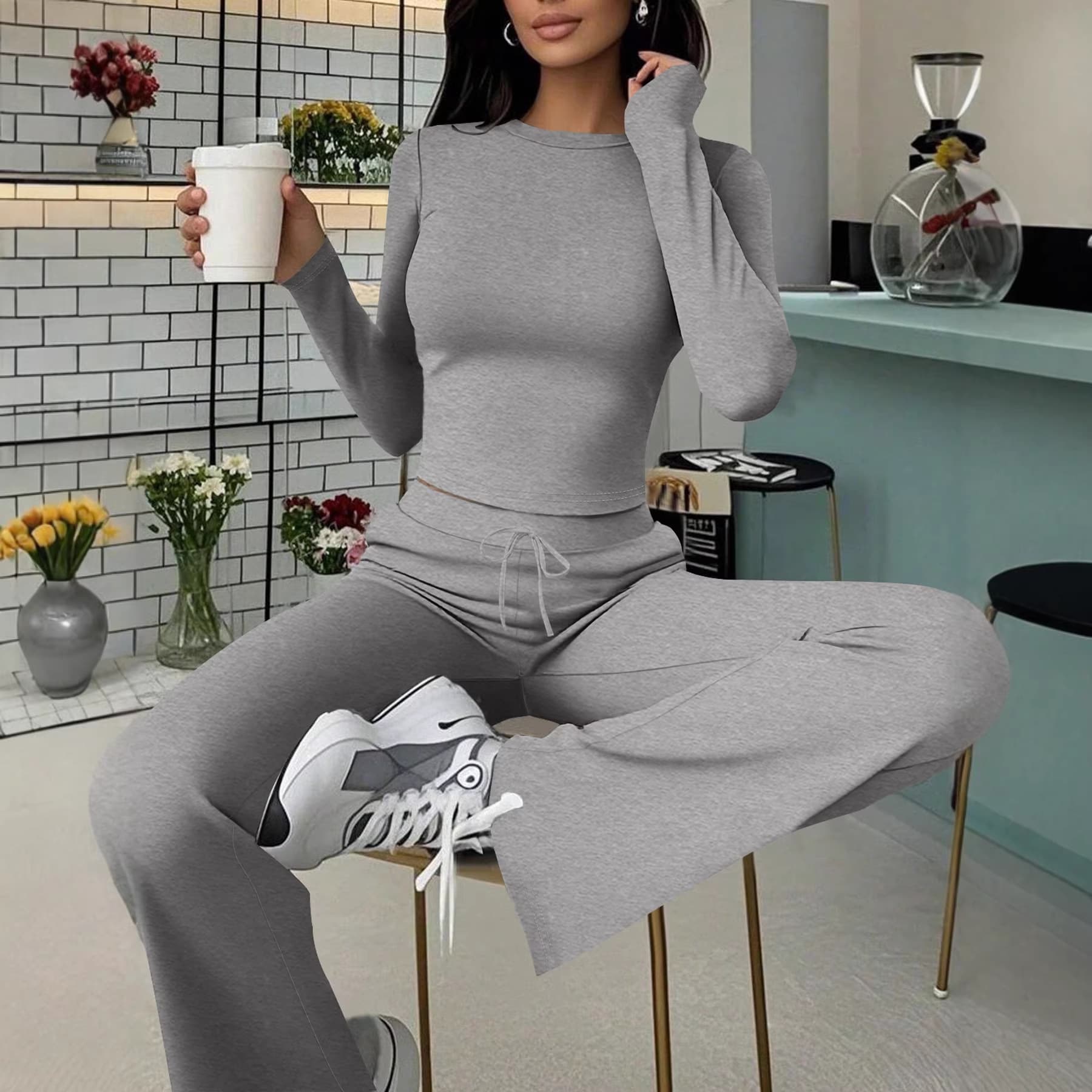 Cross-Border Set, Long-Sleeve Casual New Two-Piece Set, Knit Top and Long Pants, European and American Sexy Long US Size Bestseller Source