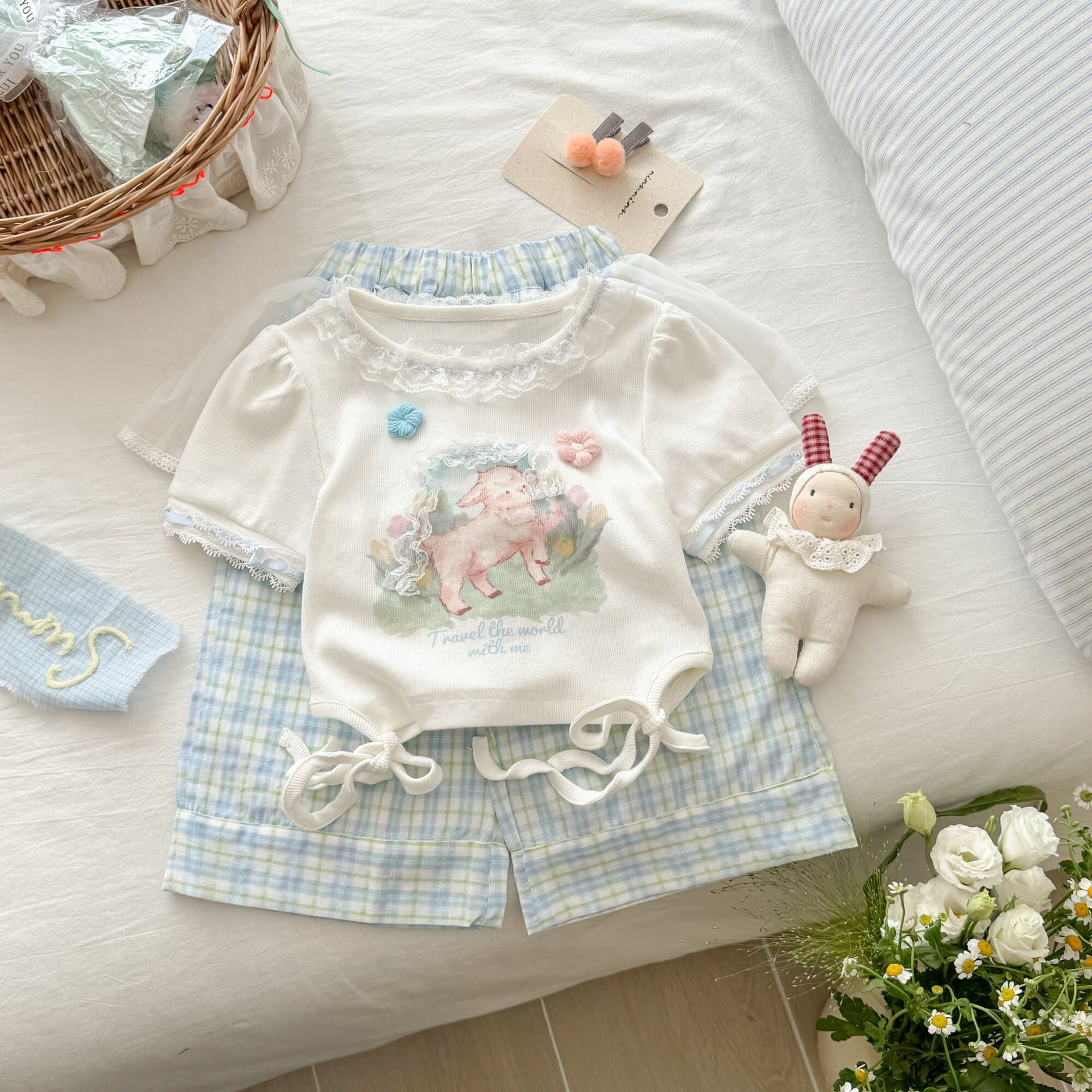 Girls' Suit, Children's Clothing, Summer Short-Sleeved T-Shirt/Pants Two-Piece Set, Baby Kindergarten, Fashionable Top, Plaid Pants, Trendy