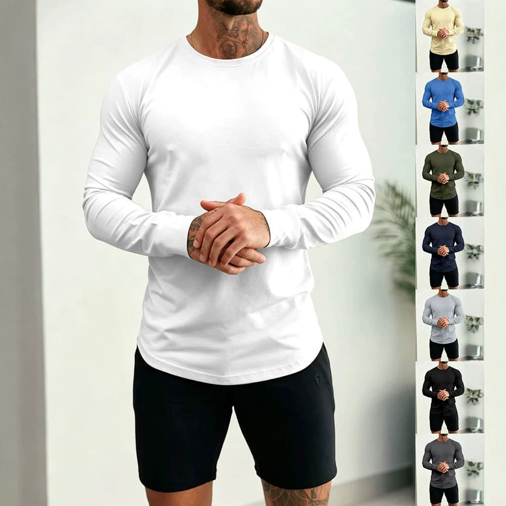 Cross-border Amazon men's basic long-sleeved base layer High-elastic solid color muscle long-sleeved tops plus size men's clothing now