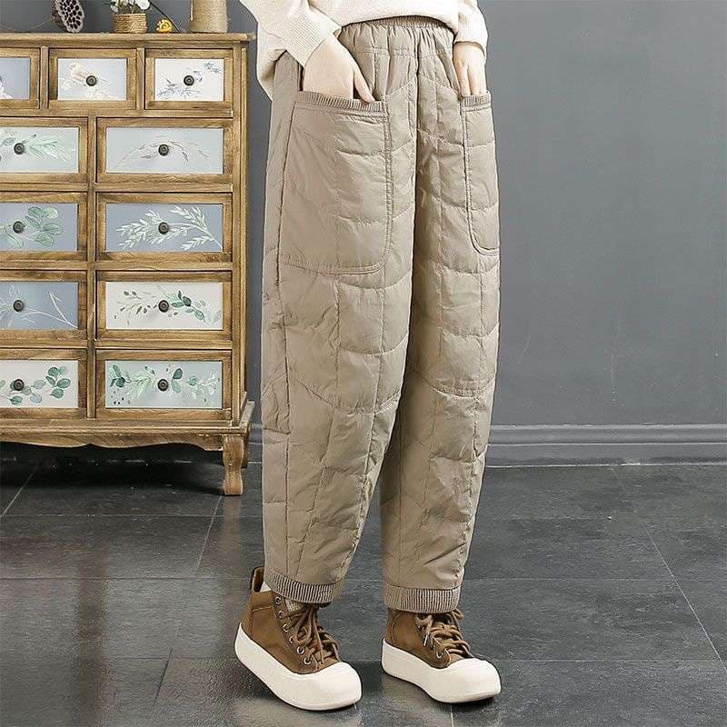 2026 Winter Retro Art Style Solid Color Quilted Down Cotton Pants Windproof Warm Thick Loose Casual Pants for Women