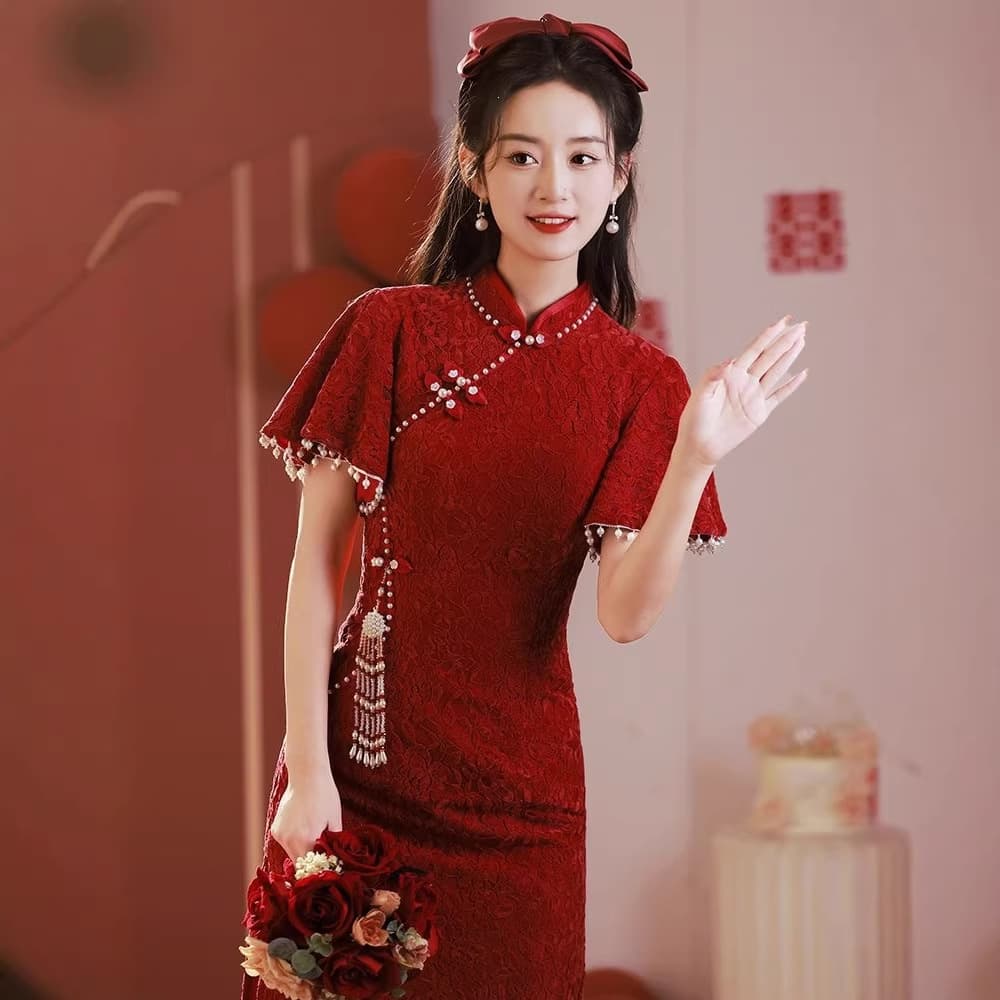 Cheongsam Wedding Toast Dress for Bride Petite Women Wine Red Elegant 2026 New Summer Daily Wear