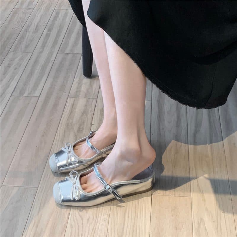 Sheepskin Edition~ Silver Bow Ballet Flats for Women, Summer Wear Strap Semi-slippers with Inner Shallow Single Shoes