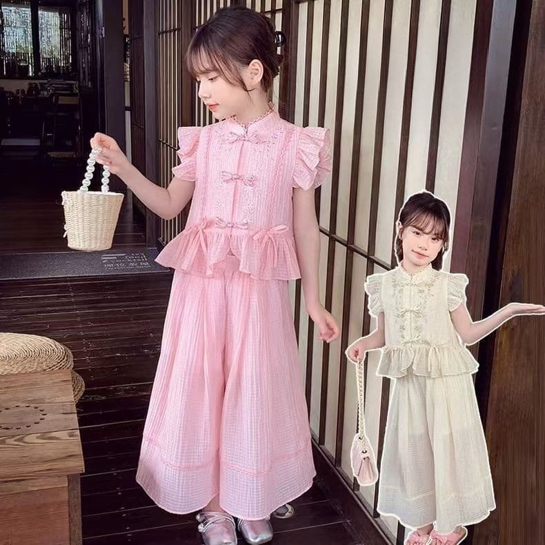 Summer New Chinese Style Wide Leg Pants Suit New National Style Girls Casual Western Style Children's Two-piece Set