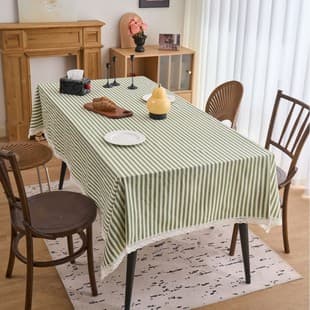 Yiman Qiyun Japanese Style Tablecloth, Polyester-Cotton Striped Green Solid Lace Trim Woven Rectangular Tablecloth and Coffee Table Cloth