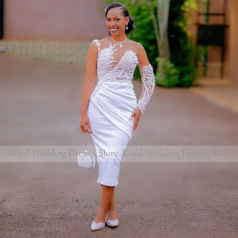 White one-shoulder see-through beaded lace hip-covering wedding dress pleated slit slim fit bridal wedding dress foreign trade large size
