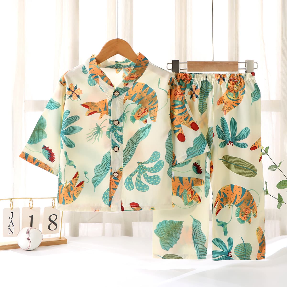 Kids Spring Summer Cardigan Loungewear Set Boys Thin Cotton Silk Lyocell Pajamas Girls Cartoon Loungewear