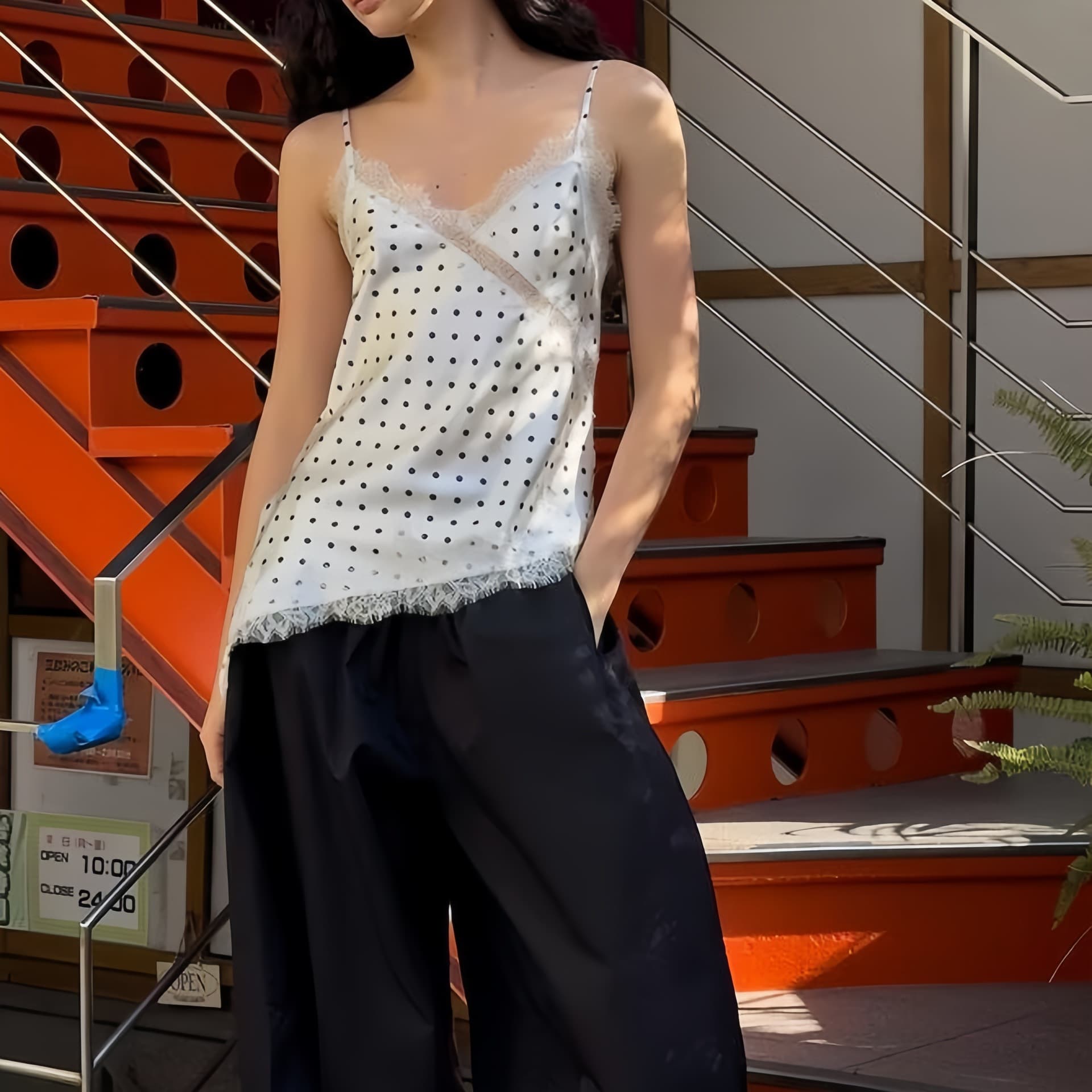 Elegant Chanel-style Polka Dot Lace Trim Split Camisole Top for Women, New Summer Layering V-Neck Vest