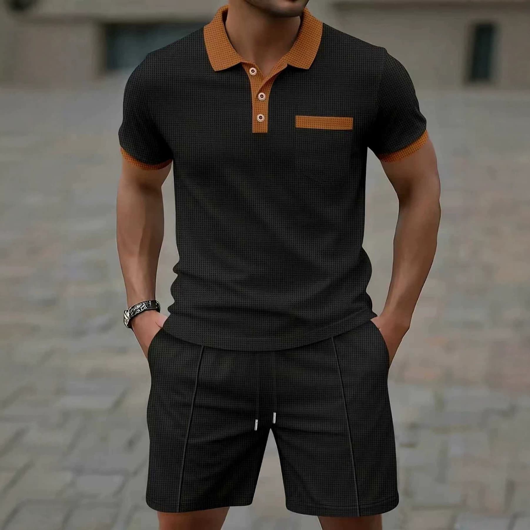Summer Short Sleeve Men's T-Shirt Heavyweight Breathable Versatile Business Polo Shirt Loose Casual Sports Quick-Dry Shorts Set