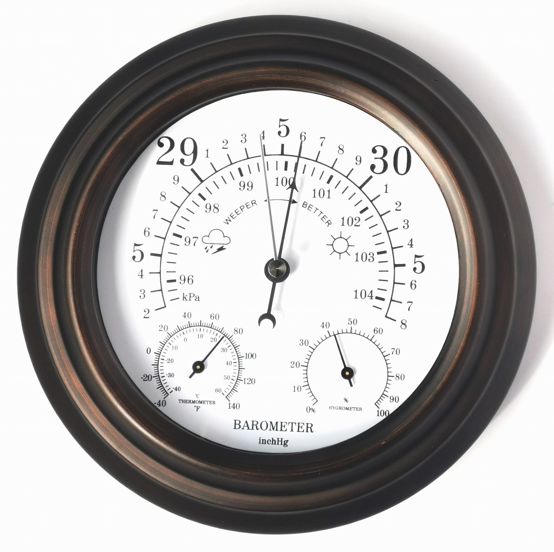 20CM Iron Shell 3-in-1 Weather Station (Thermometer, Hygrometer, Barometer)