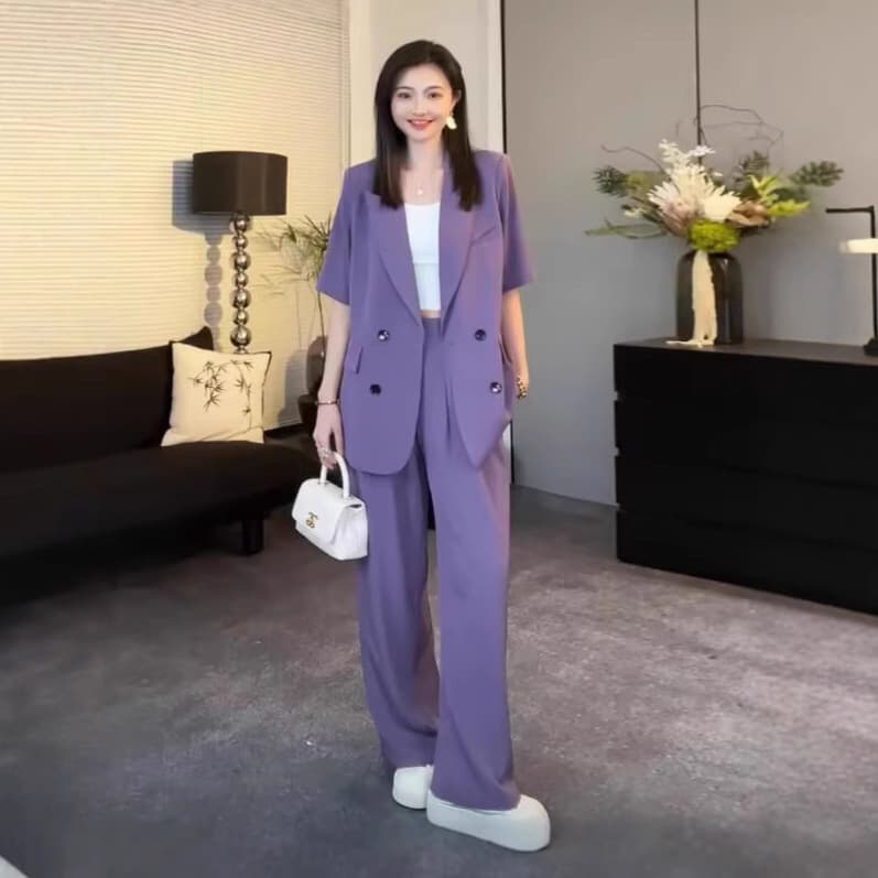 Plus Size Women's Thin Flowing Suit Pants Loose Casual Long Pants Mid-Length Blazer Jacket Set