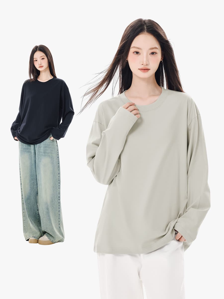Women's 100% Cotton Long-Sleeve T-Shirt 2024 New Solid Color Inner Layering Top Autumn Versatile Loose Drop Shoulder Blouse