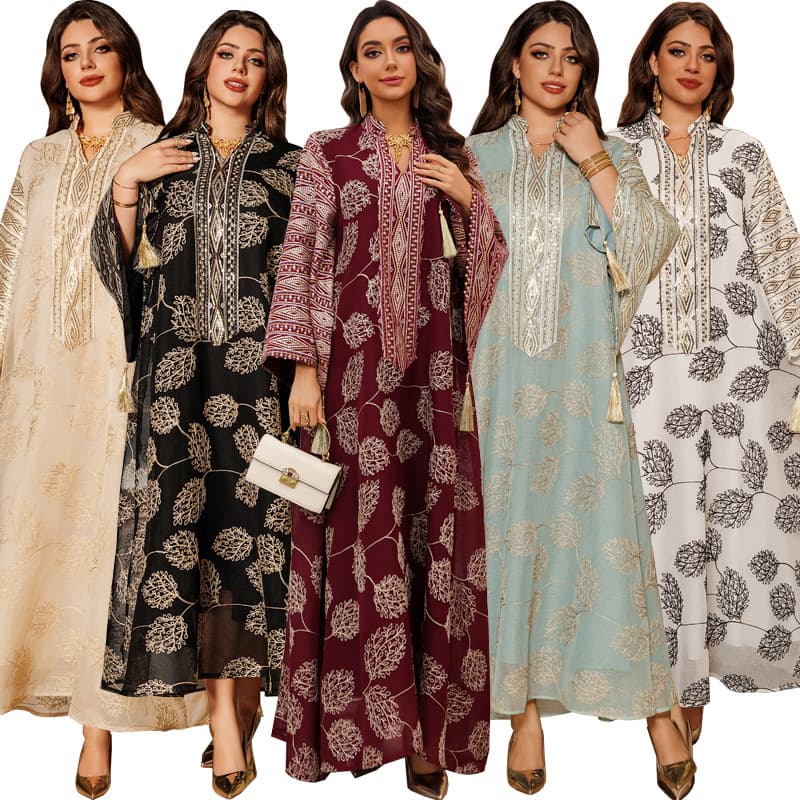 AB423 Amazon Muslim Embroidered Sequined Robe Plus Size Women's Clothing European and American Cross-border Dress Middle East New Arrival