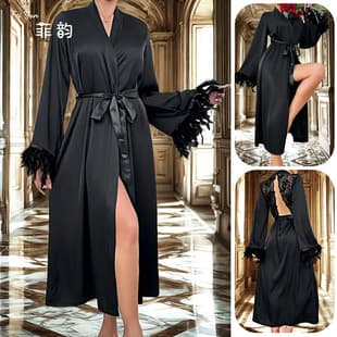 Wholesale Hot Feiyun Black Long Robe Feather Lace Decoration High-End Quality Style 809