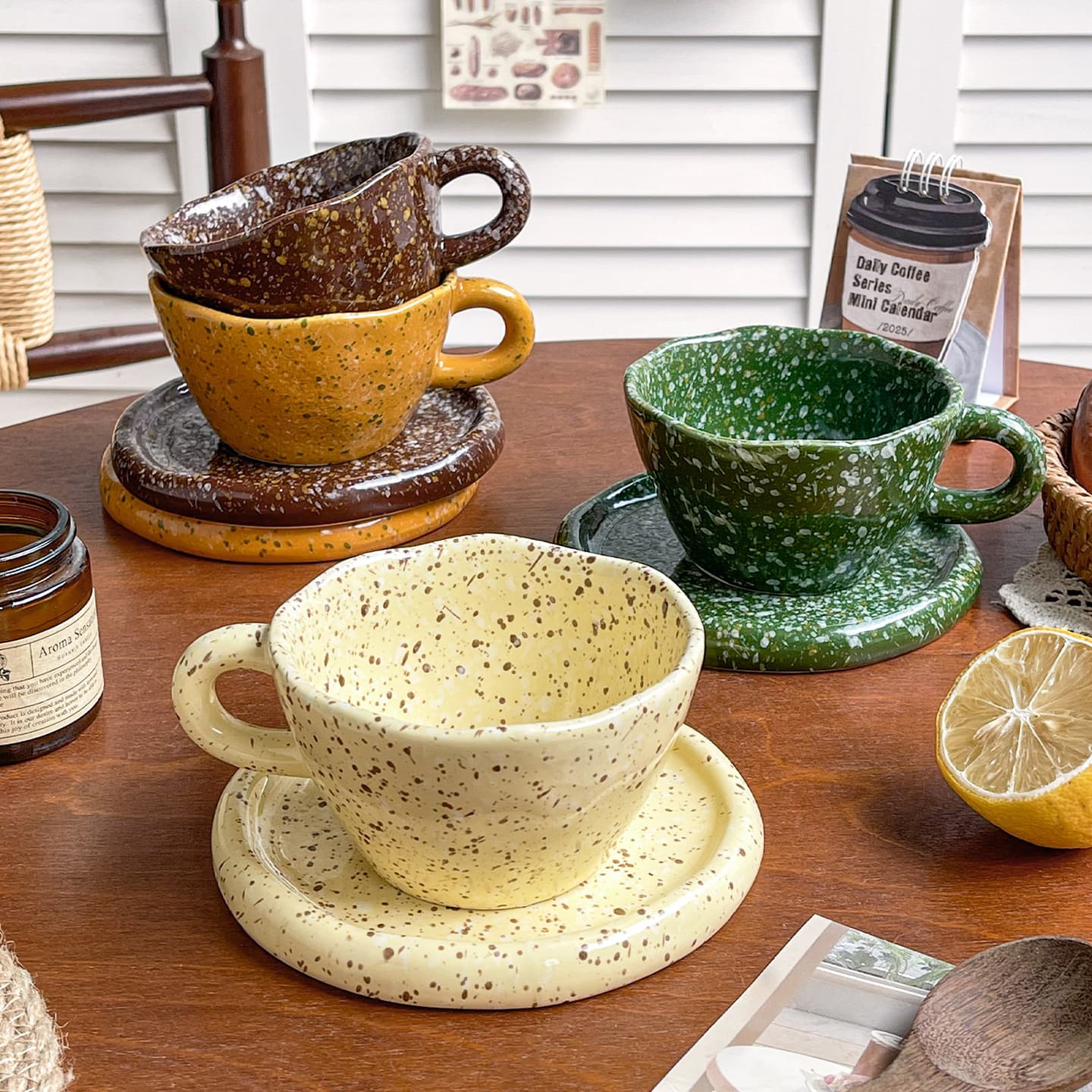 Splashed Ink Dot Korean Style Cup and Saucer Set Ceramic Breakfast Cup Coffee Cup Vintage Irregular Water Cup