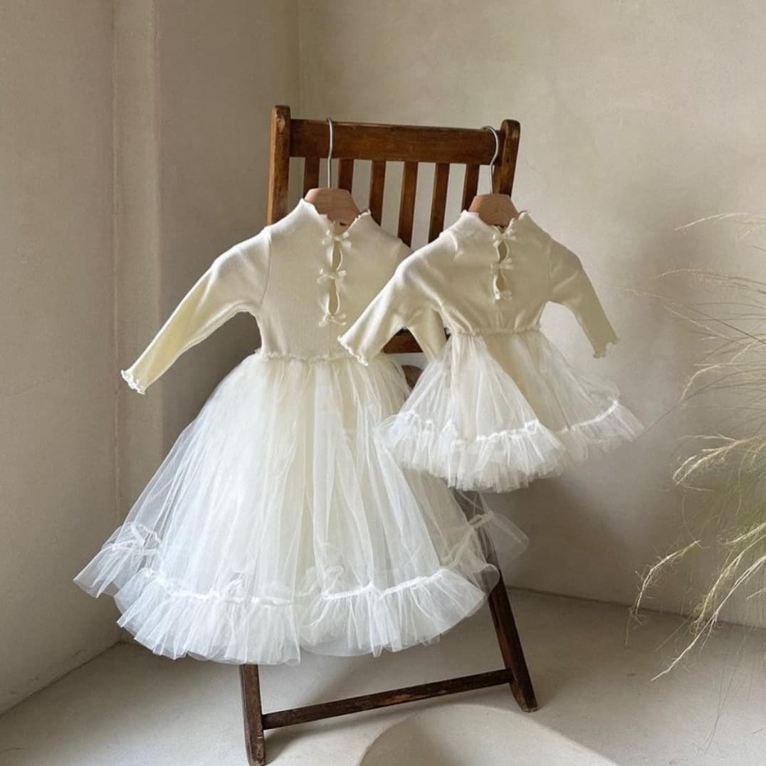Korean Spring Chinese-style Ruffle Bow Mesh Dress for Girls Dance Dress Baby Long Sleeve Rolled Hem Dress