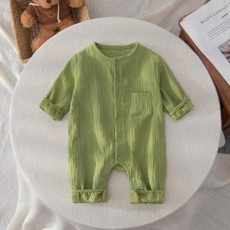 Summer new baby long-sleeved clothes baby pure cotton robe thin breathable newborn crepe jumpsuit green