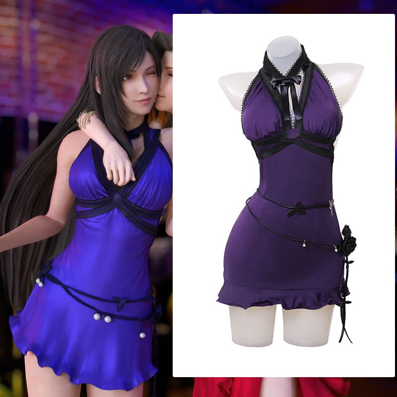 Ff7 Final Fantasy 7 Tifa Purple Dress Lockhart Cosplay Costume