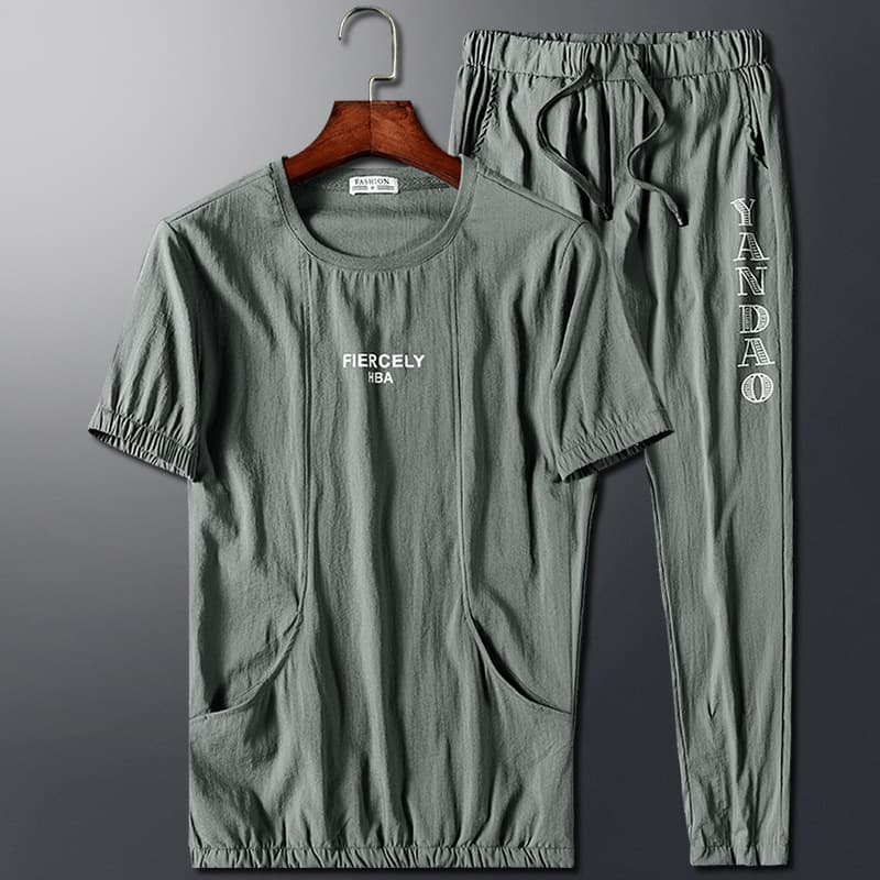 Summer Youth Casual Suit for Men, Korean Style Ice Silk Sportswear, Short Sleeve T-Shirt and Long Pants Set