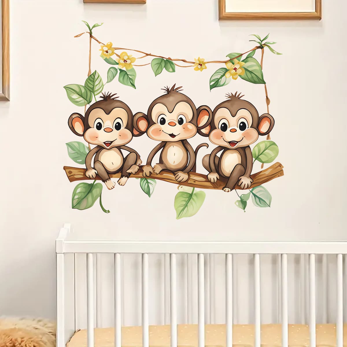 Animal Wallpaper Sticker Three Monkeys Animation Green Leaves Flower Wall Decoration Bedroom Entrance Living Room Home Decoration Wall Sticker